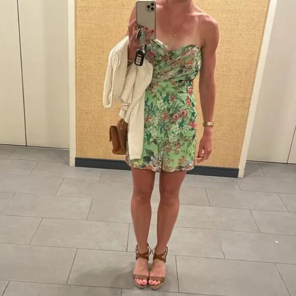 Jay Godfrey Lydia Floral Romper Mini Green Chiffon Sweetheart Strapless Sz 8 - Picture 6 of 12